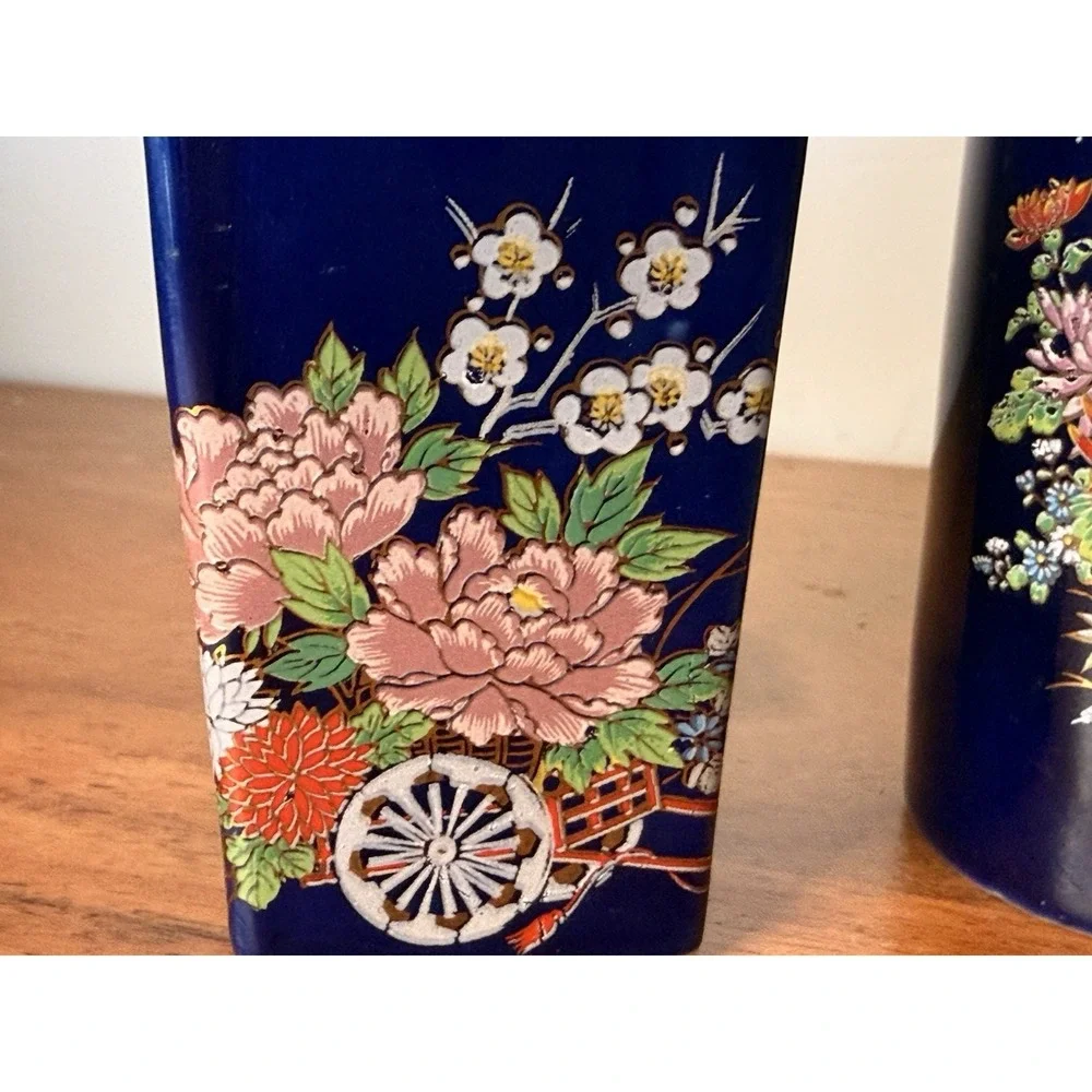 Vintage Toyo Japanese Mini Vases Cobalt Blue with Gold Trim Kutani Style Set 3